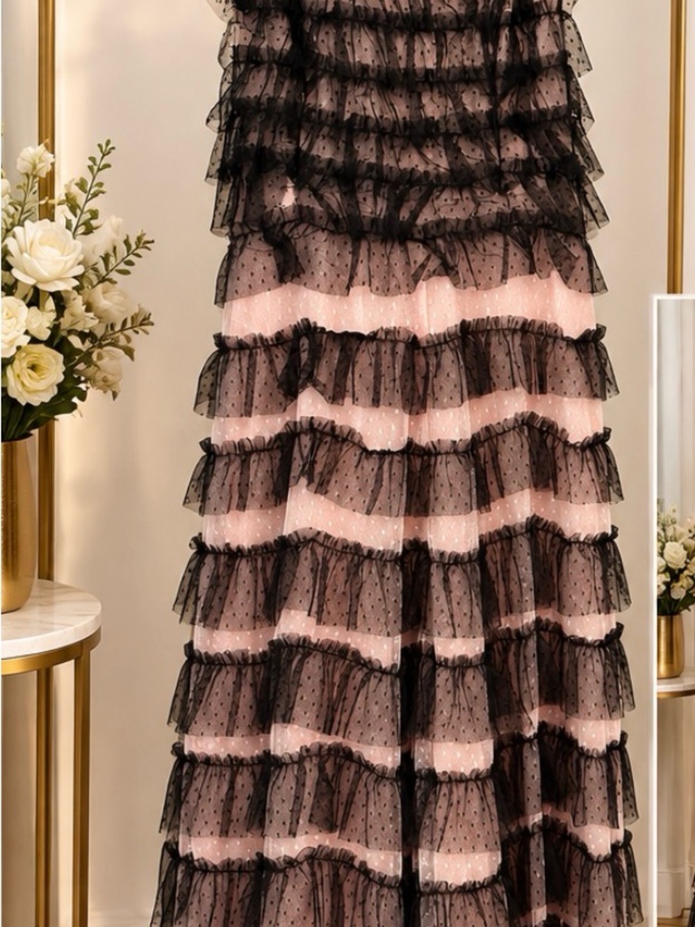 Anthropologie Black Polka-Dot and Pink Tiered Ruffle Maxi Dress